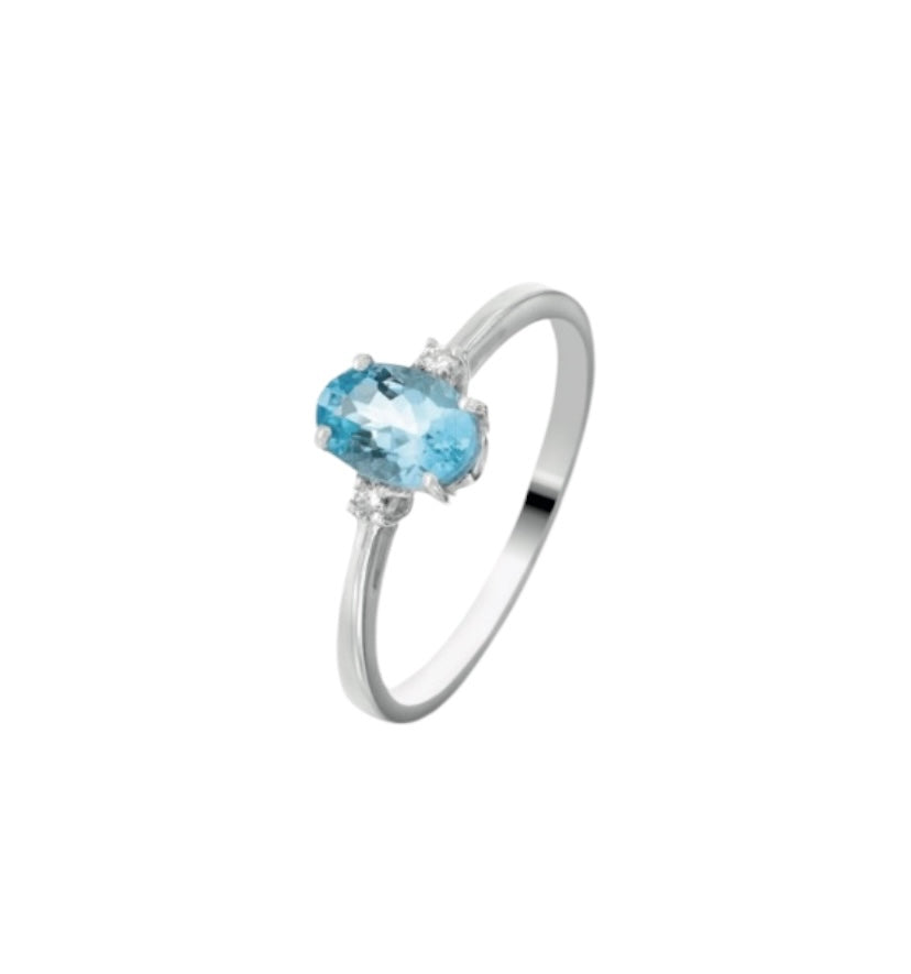 ANELLO ACQUAMARINA NAURALE OVALE IN ORO 18 E DIAMANTI DA 0.02 CT