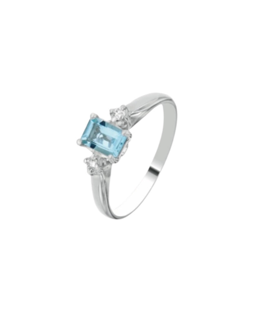 ANELLO IN ORO 18KT ACQUAMARINA NATURALE RETTANGOLARE 050ct. E DIAMANTI CT. 0.07