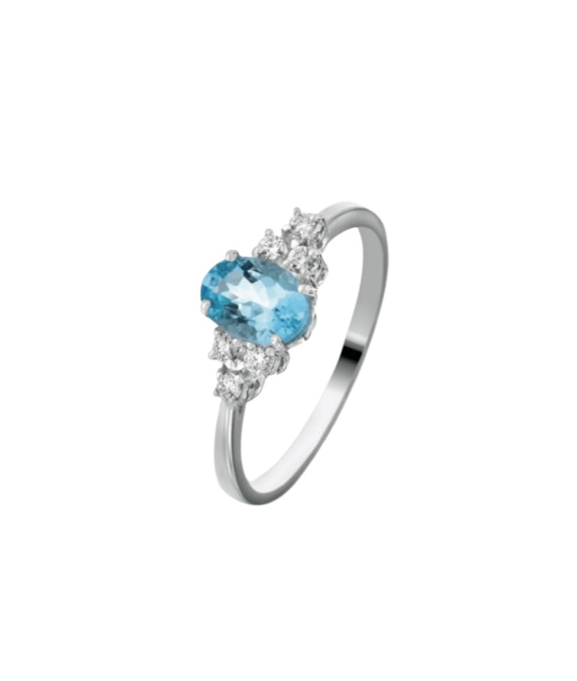 ANELLO IN ORO BIANCO 18KT ACQUAMARINA NATURALE 0,40ct E DIAMANTI NATURALI DA ct 0,08