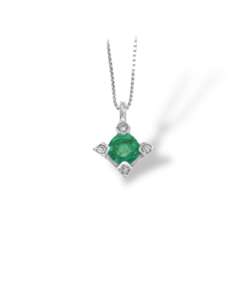 COLLANA IN ORO BIANCO 18KT CON PENDENTE SMERALDO NATURALE E DIAMANTI 0.01 CT INCASSATI ALLE GRIFFE