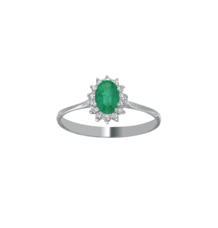 ANELLO IN ORO BIANCO 18KT SMERALDO NATURALE 0,30ct  E DIAMANTI NATURALI ct 0,05